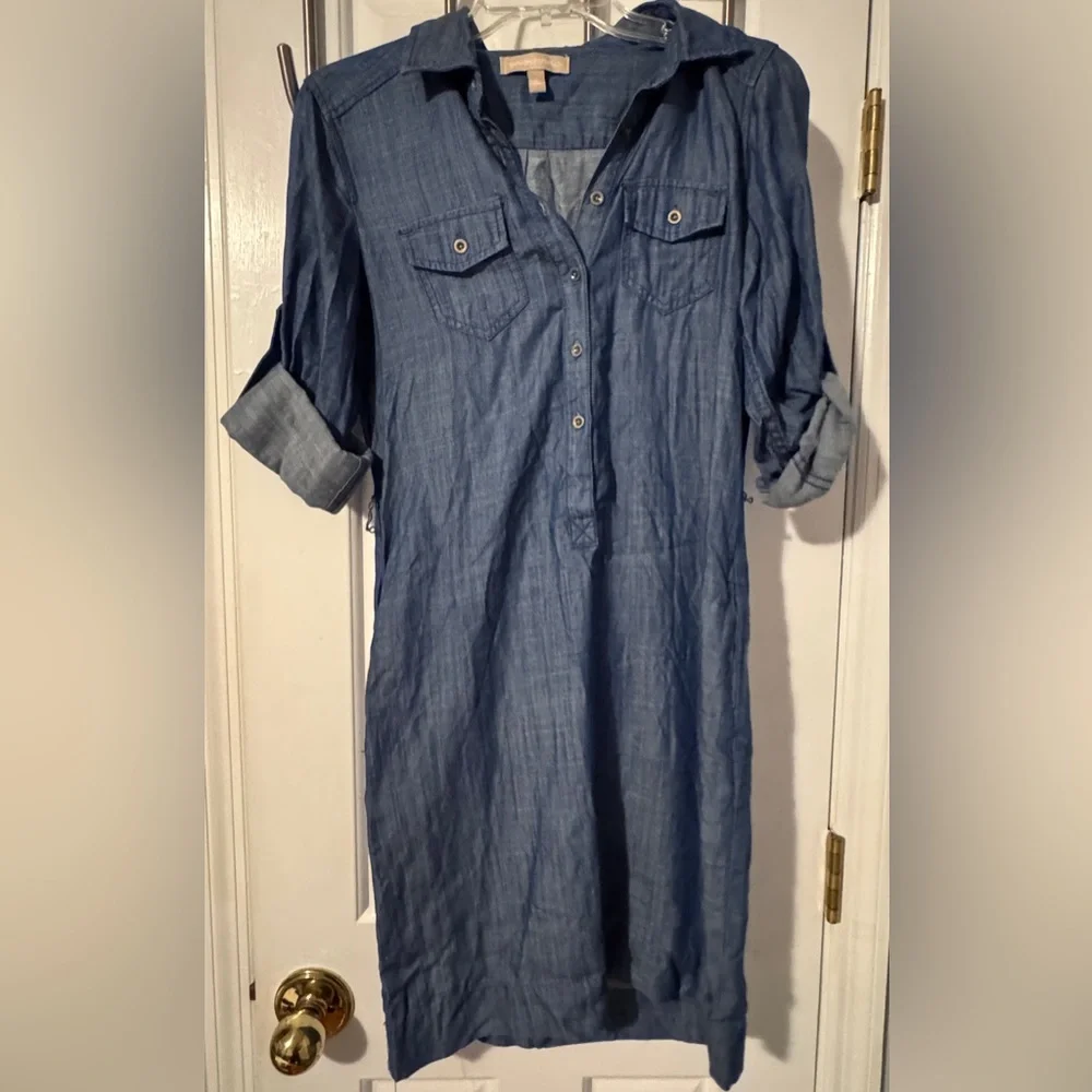 Banana Republic Chambray Blue Denim Shirt Dress Metal Buttons 100% Lyocell